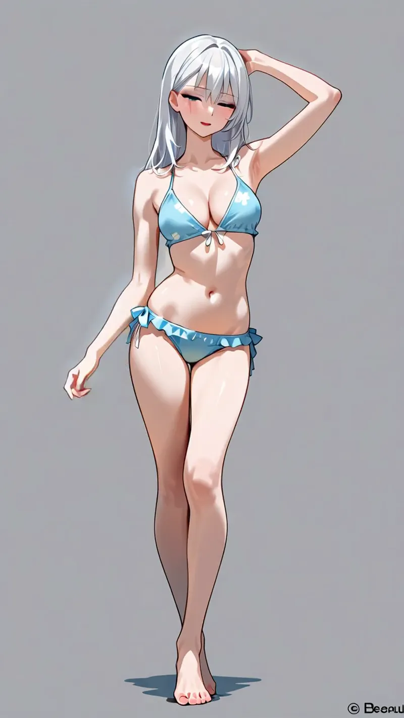 銀白色の長髪をなびかせ、爽やかな青のビキニを身につけた美少女のアニメ調イラストです。優雅な立ち姿と柔らかな表情が印象的で、グレーの背景に映える洗練されたポートレート作品となっています。