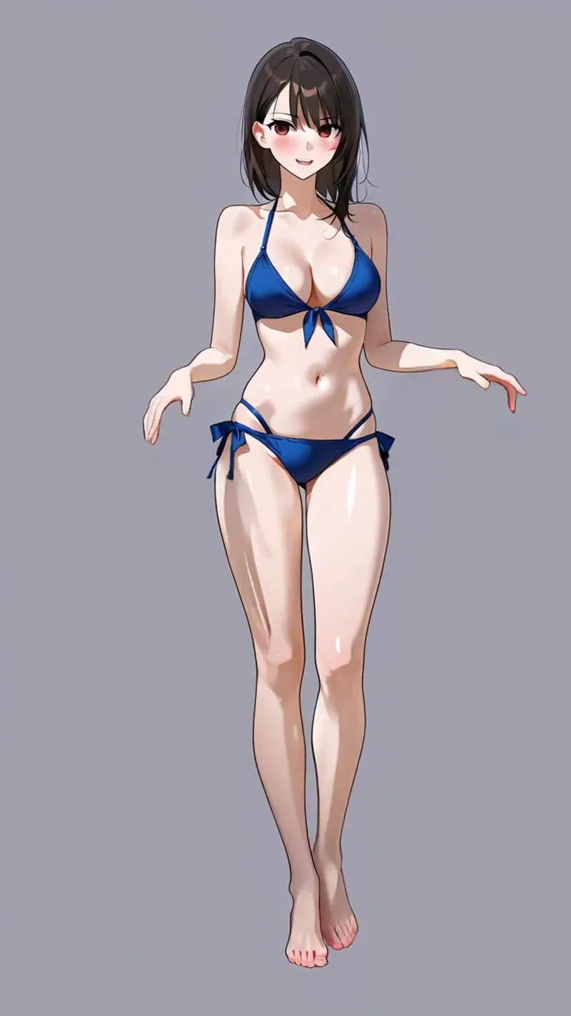 黒髪セミロングの美少女が紺色のビキニ水着姿で立つ全身ポートレートです。柔らかな肌色と引き締まった身体表現、グレー背景による上品な仕上がりが特徴のアニメ調イラストとなっています。
