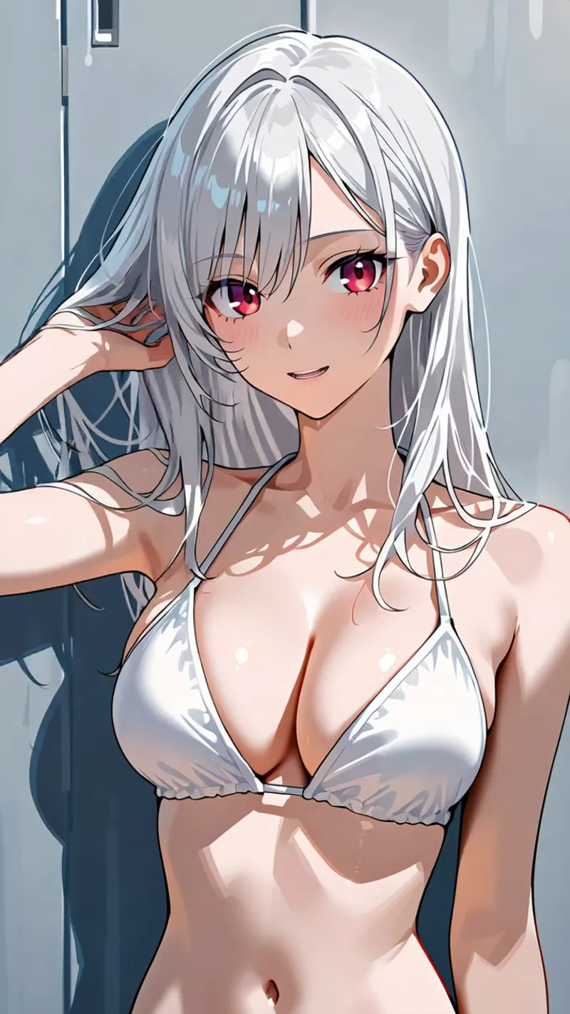 透明感のある銀髪と鮮やかなピンク色の瞳が特徴的な、アニメ調の女性イラストです。柔らかい光が肌に当たり、洗練された表情と自然なポーズで高い描写力を感じさせます。