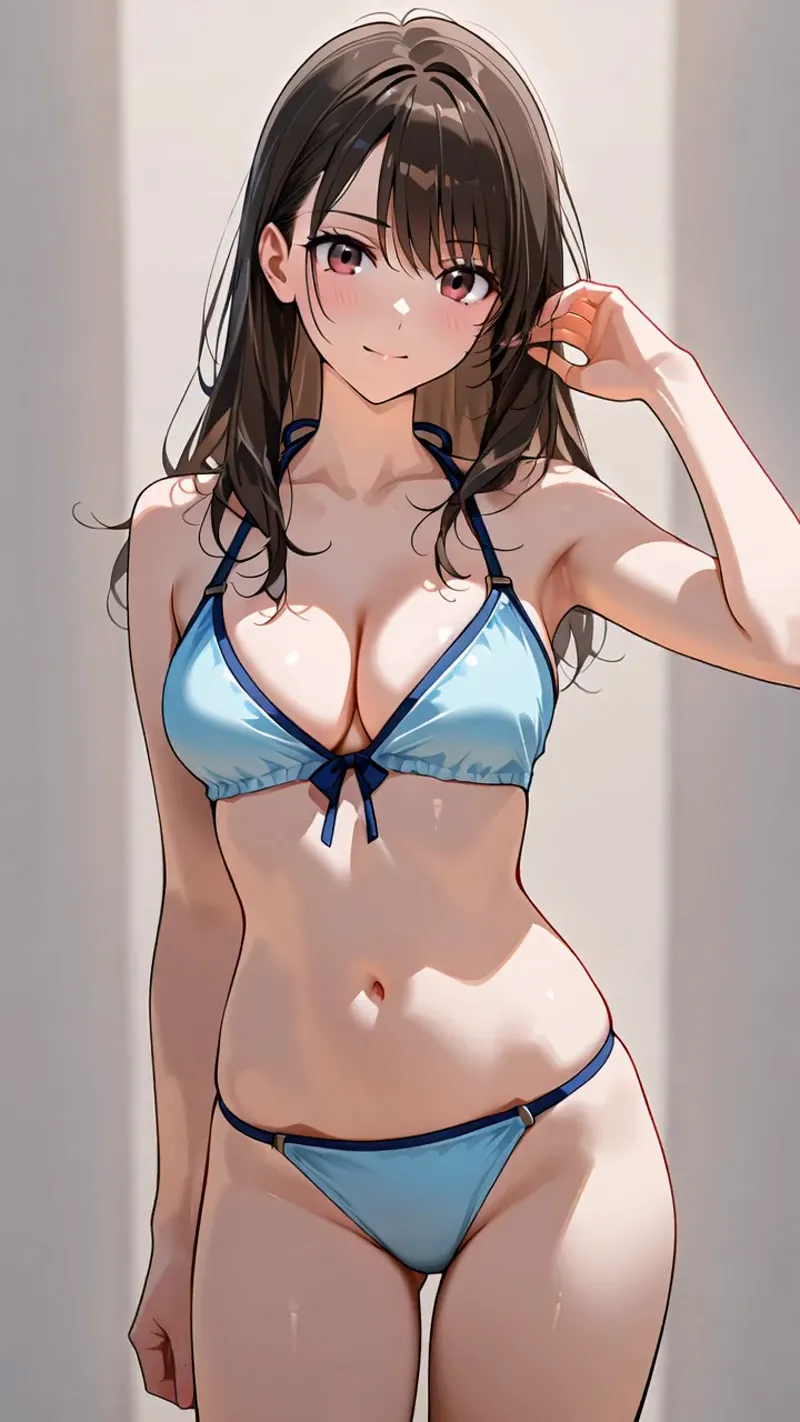 黒髪ロングヘアが印象的な少女が、涼しげな青色の水着姿で微笑む。ぬくもりのある肌色と透明感のあるアニメ調の描写が、爽やかな夏の空気感を演出するイラストです。