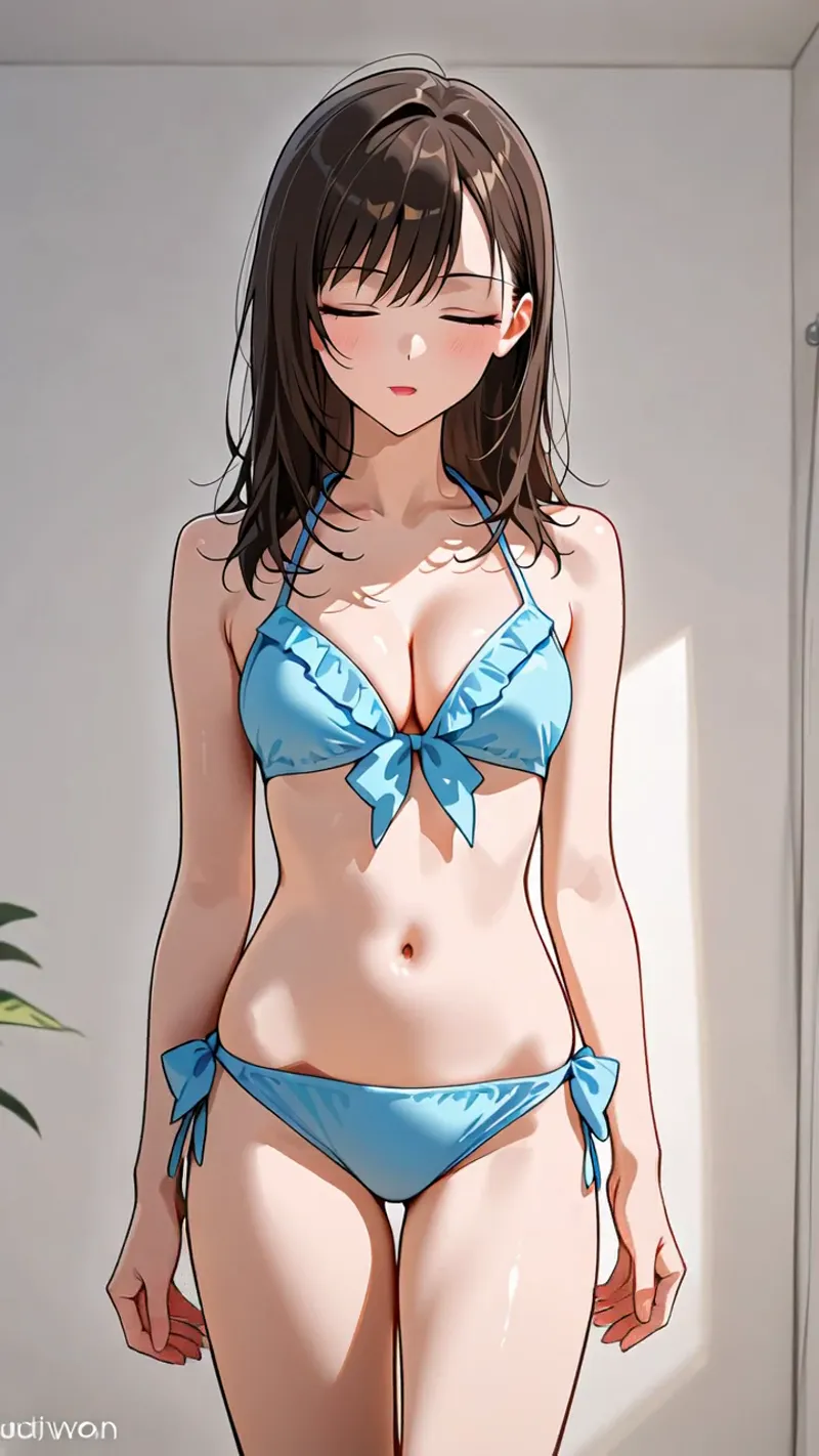 ブラウンの髪に前髪を優しくカットした美少女が、爽やかな青いビキニを身に纏い、穏やかな表情で佇んでいます。明るい室内の自然な光が柔らかく肌を照らし、アニメ調の上品な仕上がりが特徴です。