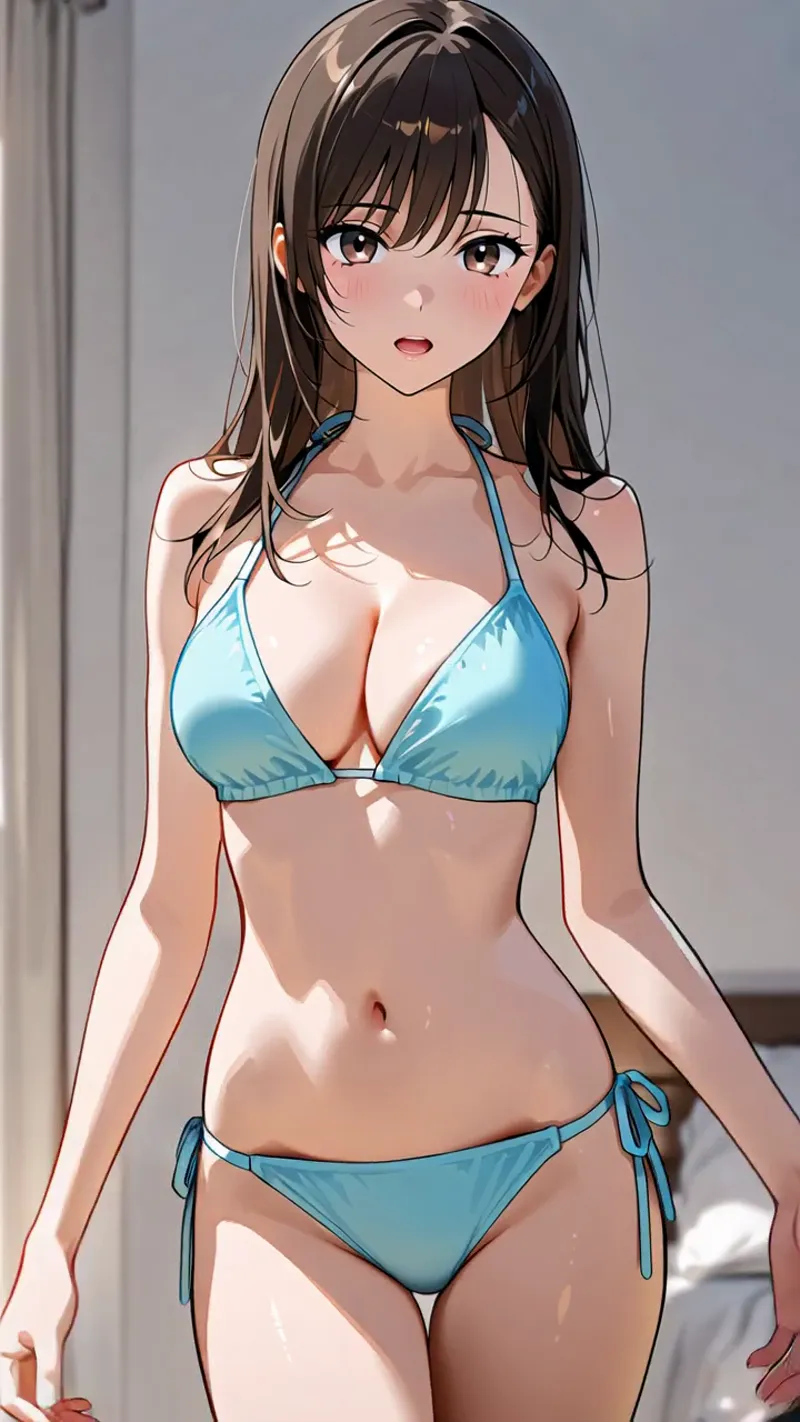 黒髪の美少女が青いビキニ姿でカメラを見つめるアニメ調イラストです。室内の明るい光に照らされた肌と、柔らかな表情が印象的な作品となっています。