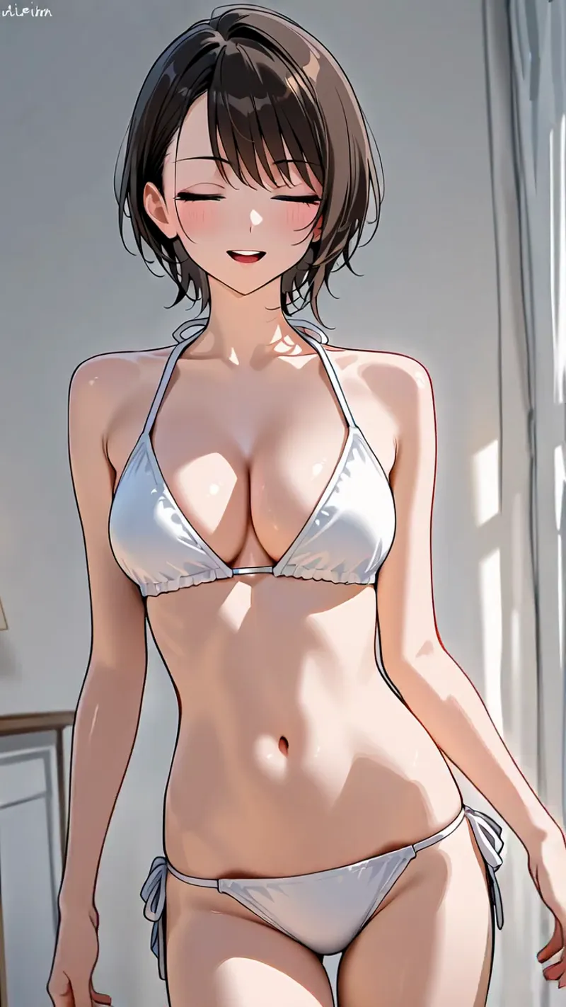 黒髪ショートヘアとやや上目遣いの柔らかな表情が魅力的な、アニメ調の美少女イラストです。白いビキニ水着を身に纏い、室内の光が肌を柔らかく照らす上品なポートレート作品。