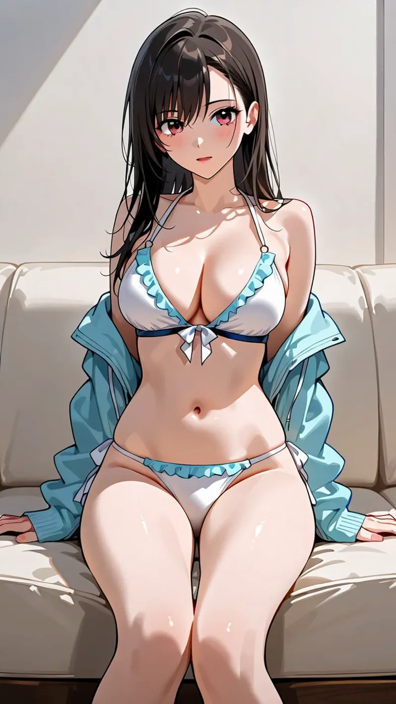 黒く長い髪と赤い瞳が印象的な美少女のアニメ調イラスト。白とターコイズのビキニスタイルに青いシャツを羽織った夏らしい装いで、ソファに座る姿を描いたポートレート作品です。