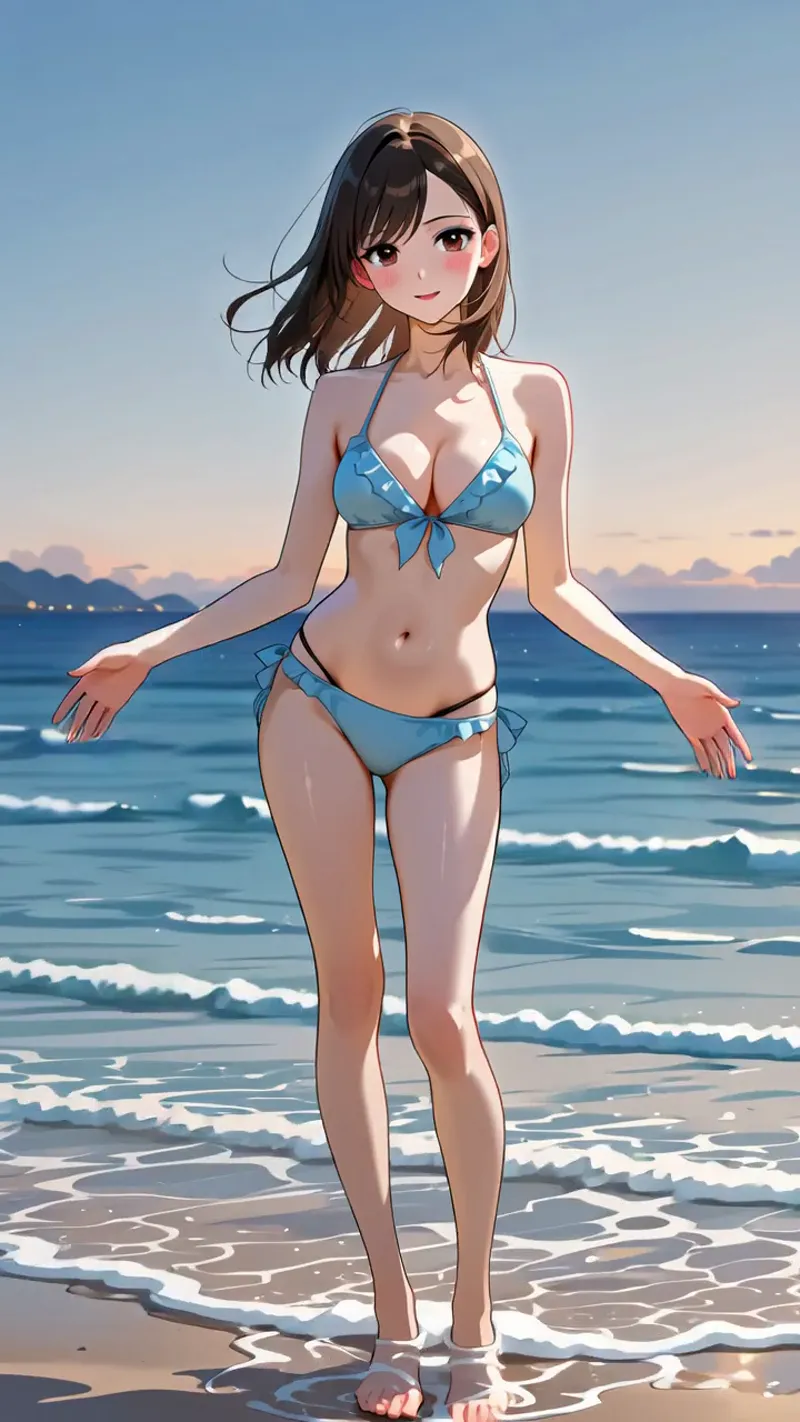穏やかな夕暮れの海を背景に、青いリボン装飾のビキニで立つ美少女のアニメ調イラストです。柔らかな日差しに照らされた肌と、黒髪のなびく表情が印象的で、波打ち際の自然な佇まいを捉えた優雅な構図になっています。