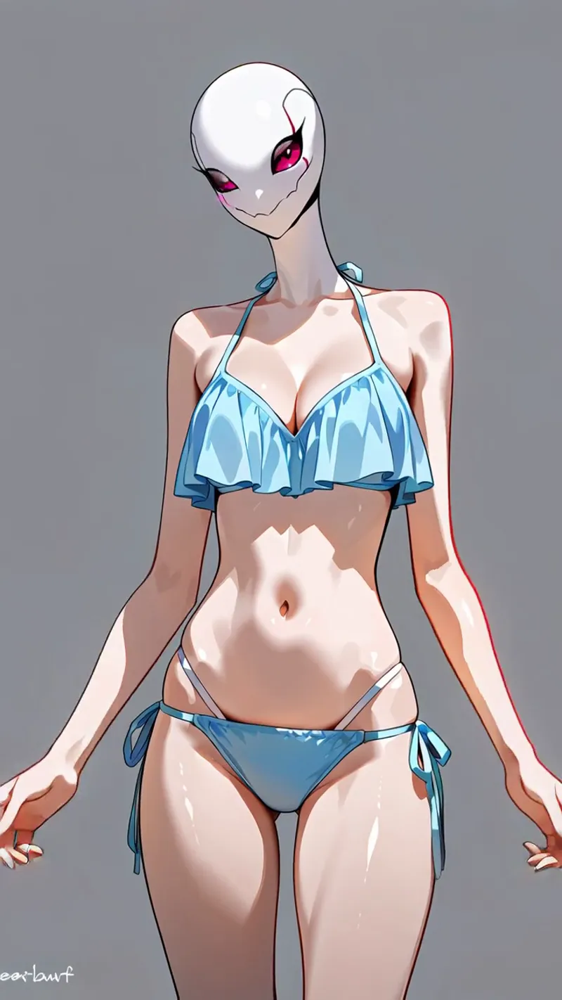 鮮烈なピンク色の瞳と白く滑らかな頭部が特徴的な、アニメ調の女性キャラクターを描いたイラストです。青いビキニスタイルの衣装と落ち着いたグレーの背景が印象的な一枚。