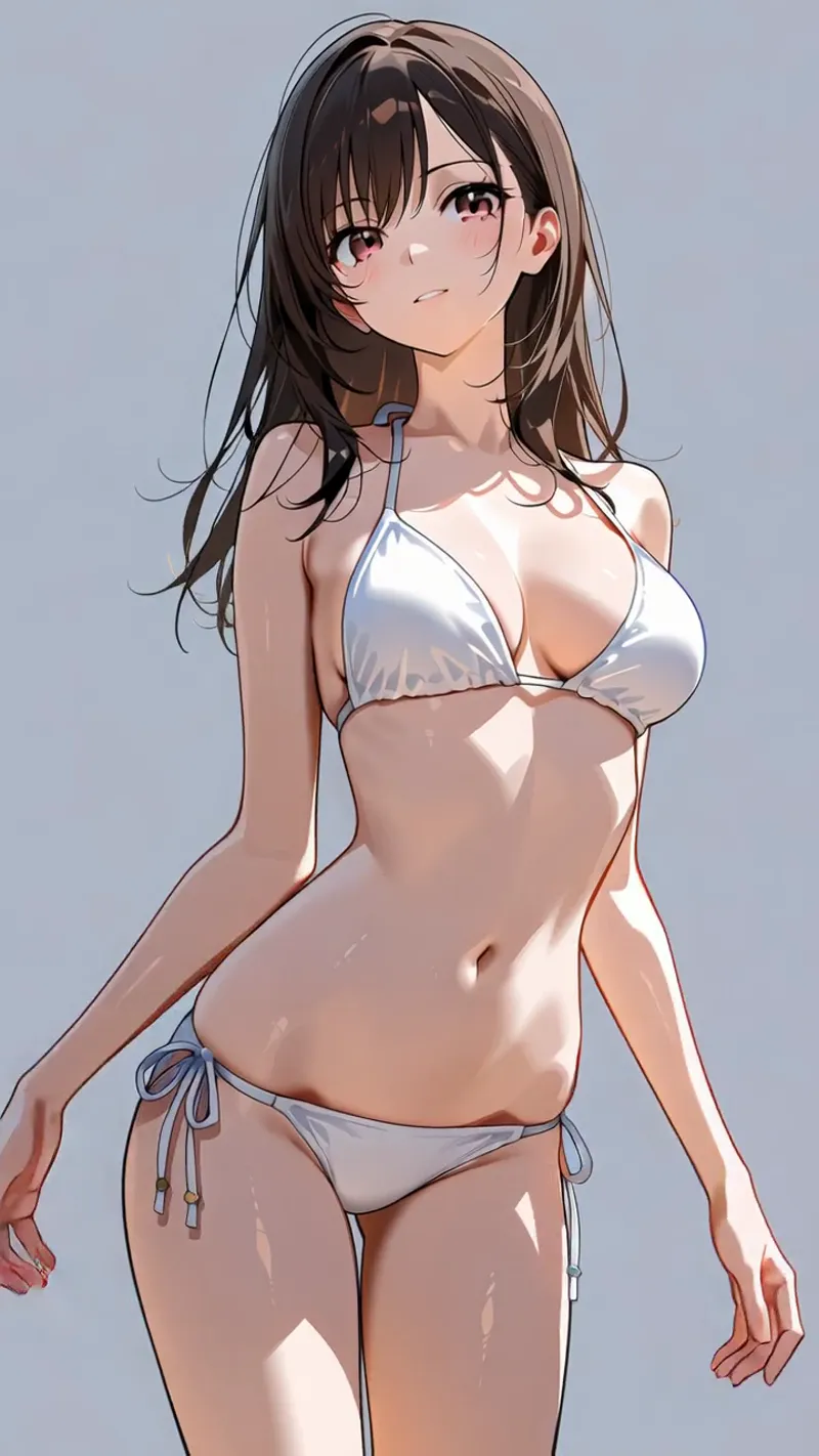 茶色く長い髪とやさしい瞳が特徴の美少女が、白いビキニ姿で淡いグレーブルーの背景に佇むアニメ調イラストです。柔らかい光と影の陰影により、立体的で洗練された雰囲気が表現されています。