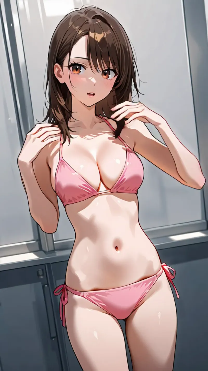 明るい室内で窓の光を浴びる、茶色いセミロングヘアの少女。ピンク色のビキニを身に纏い、柔らかい表情で視線を向けています。光と影が織りなす洗練されたアニメ調イラストです。