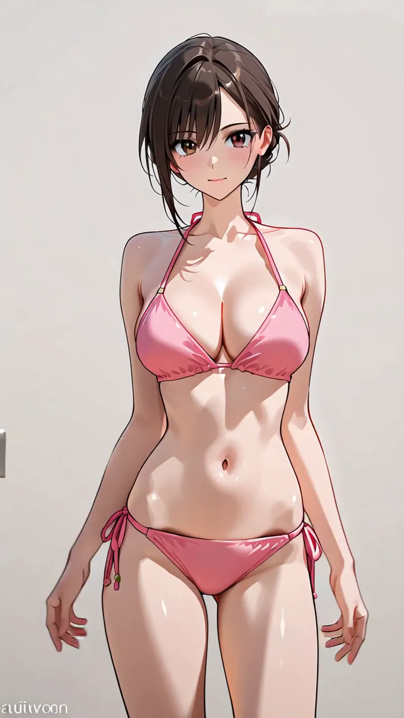 ぼんやりとした表情で立つ黒髪の美少女が、ピンク色の水着姿で描かれたAIイラストです。やさしい瞳とナチュラルなメイク、くすりと笑みかけるような温和な表情が特徴です。