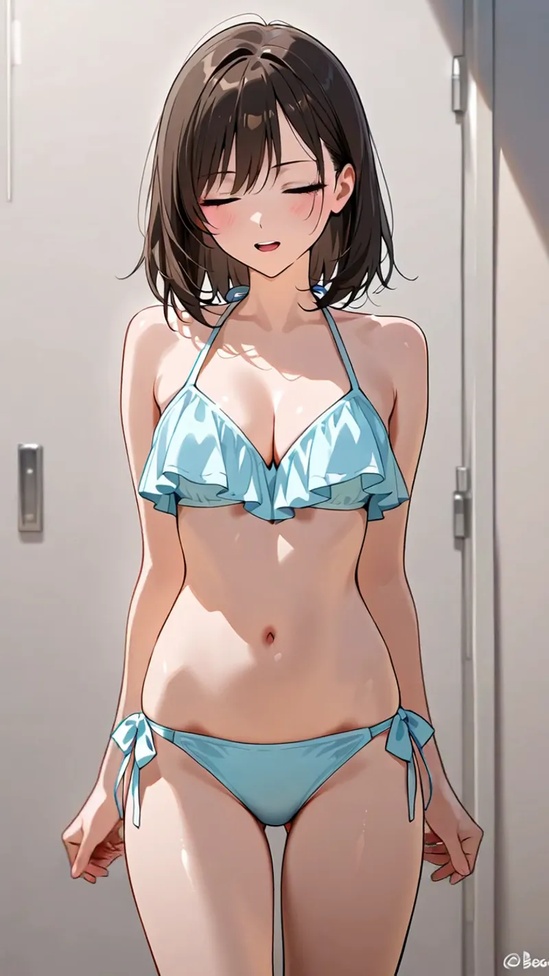 黒髪にショートバングの美少女が、爽やかなターコイズブルーの水着姿で微笑む立ち姿のイラスト。柔らかな陰影で立体的に表現された肌と、フリル装飾の水着の組み合わせが印象的です。