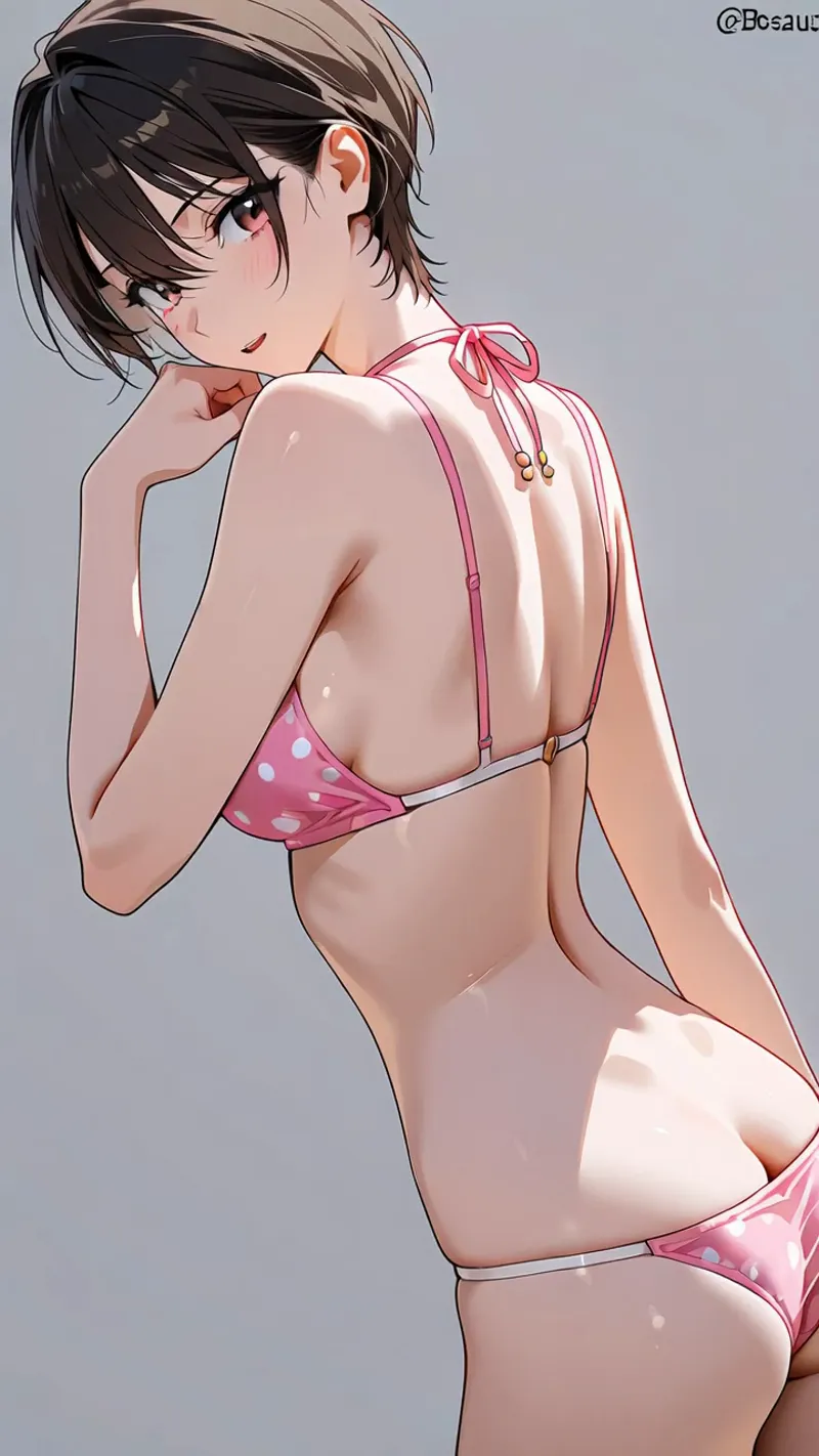 黒い短髪に優しい表情の美少女が、ピンク色の水玉ビキニを身につけた後ろ姿を描いたアニメ調イラストです。淡いグレー背景に柔らかい光が当たり、清涼感のある夏らしい一枚に仕上がっています。