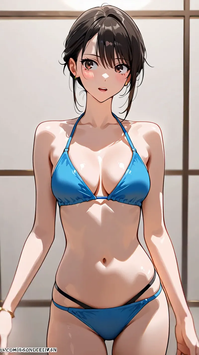明るい室内を背景に、黒髪をまとめた優雅な表情の美少女が青いビキニ姿でポーズを取るアニメイラストです。窓からの光が優しく当たり、落ち着いた色合いで描かれています。
