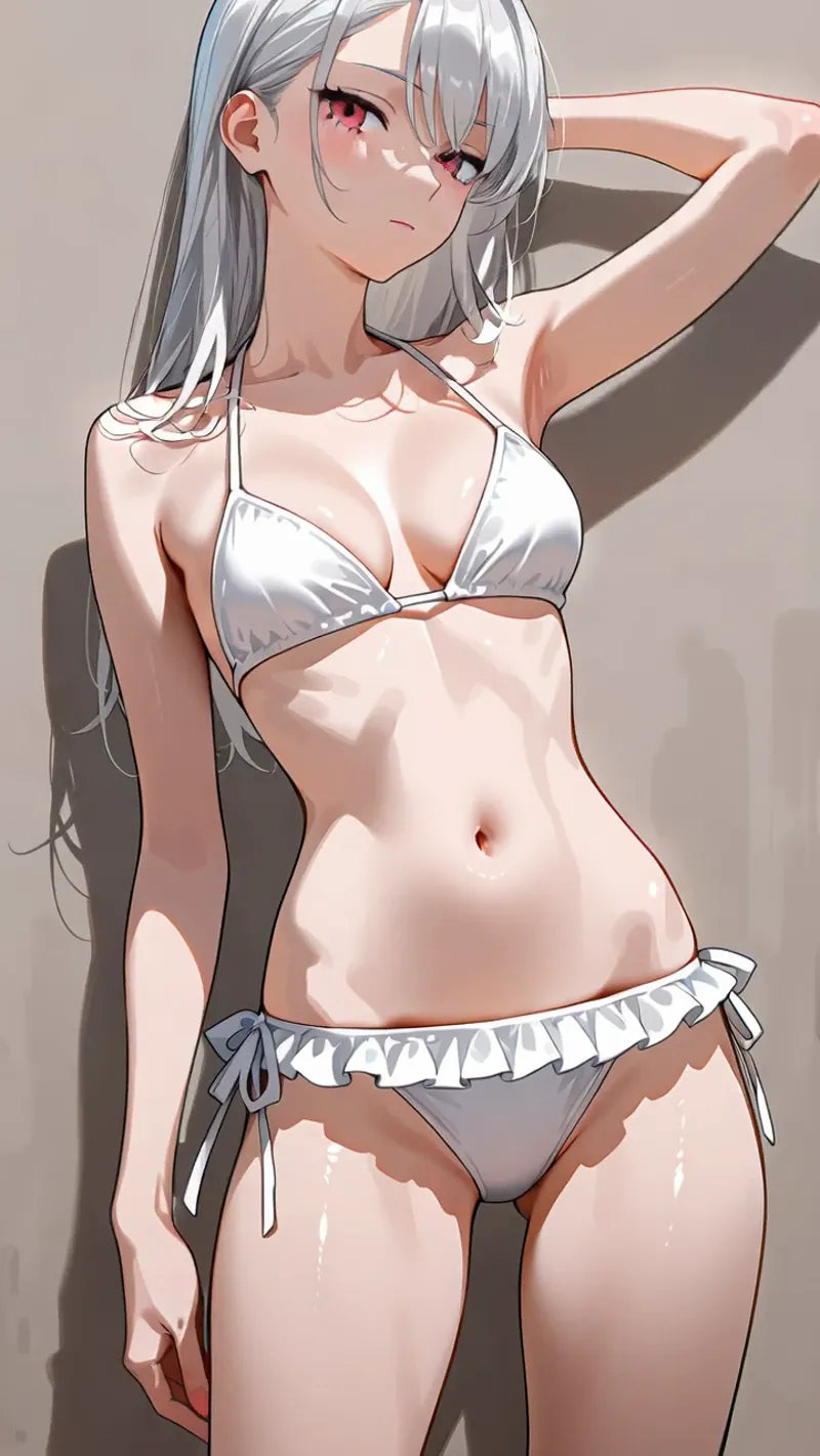 銀色に輝く長髪と赤紫の瞳が特徴の美少女が、腕を上げたポーズで微笑む白系の水着姿のポートレートイラスト。柔らかい陰影と暖色の背景が洗練された雰囲気を演出しています。