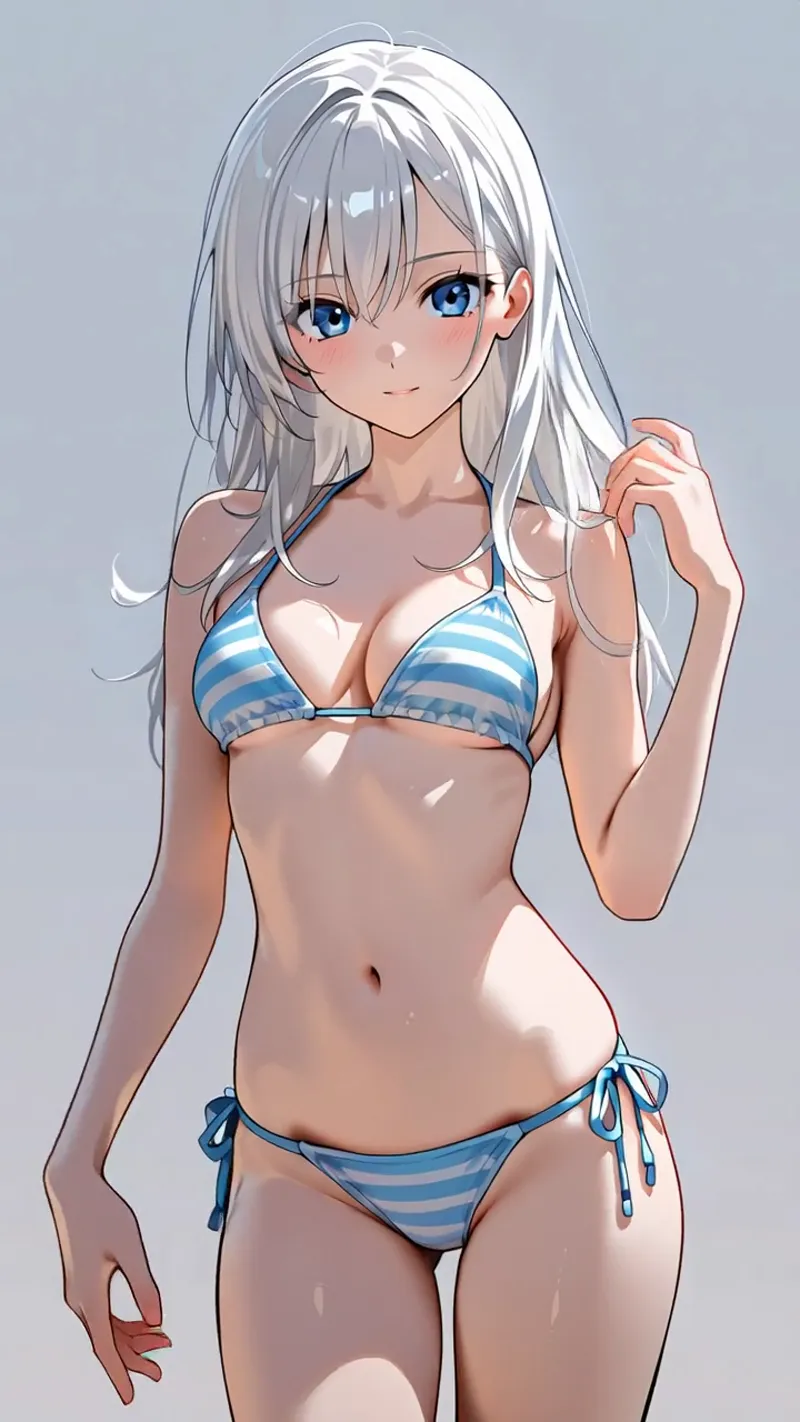 透き通るような白髪を流れるように靡かせた美少女が、青と白のストライプ柄ビキニで涼やかに佇んでいます。澄んだ青い瞳と穏やかな表情、明るい背景が夏らしい爽やかな雰囲気を演出したアニメ調イラストです。