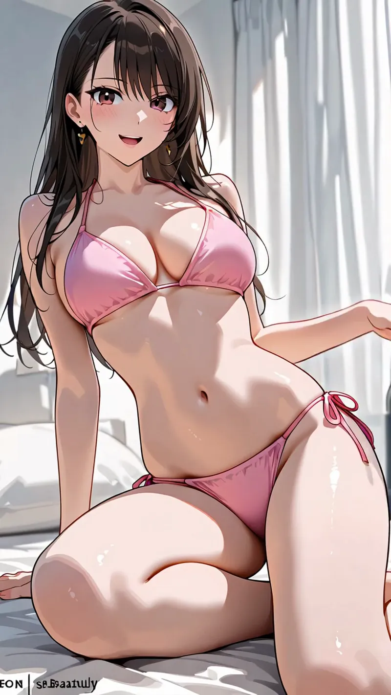 窓からの柔らかな光が差し込む室内で、黒いロングヘアと瞳が印象的な美少女がピンク色のビキニ姿で微笑んでいます。明るく開放的な表情と白を基調とした清潔感のある背景が特徴のアニメ調イラストです。