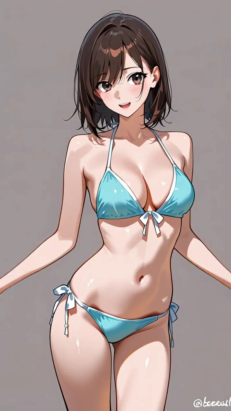 淡いグレー背景に映える水色のビキニを着た美少女イラストです。黒髪ショートヘアと柔らかな表情が魅力的で、明るく爽やかな夏の雰囲気が漂うアニメ調イラストです。