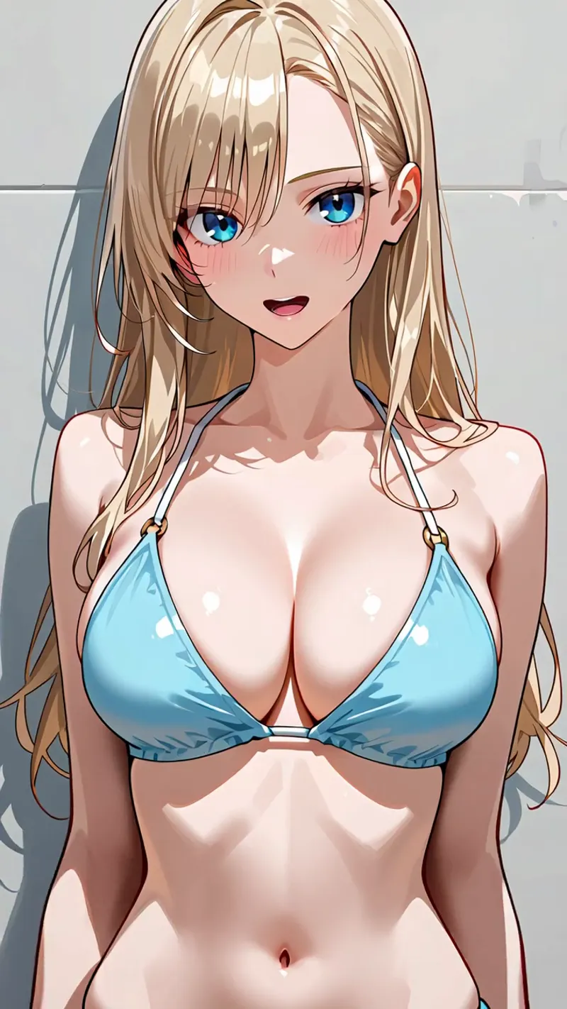 澄んだ青い瞳が印象的な金髪の美少女が、爽やかな青いビキニ姿で微笑む正面向きのアニメ調イラストです。光と影の表現で立体的に描かれた肌と、ウェーブのかかった長い髪の質感が丁寧に表現されています。
