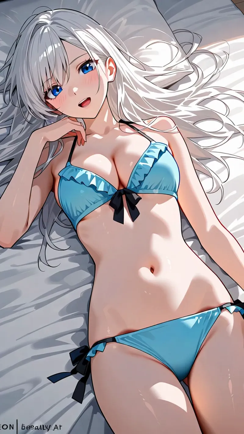 涼しげな青色のビキニを身に着けた銀髪の美少女が、柔らかな陽射しの中で優雅に横たわる姿を描いたアニメ調イラスト。透明感のある肌と澄んだ瞳が印象的です。