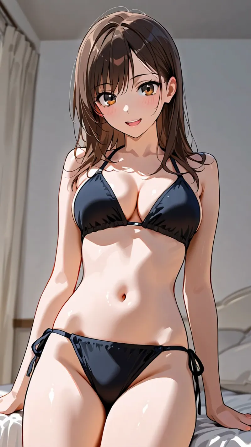 ベッドルームで柔らかな光に照らされた茶髪の美少女が、黒いビキニ姿で優しい笑顔を浮かべています。アニメ調の上品な描写で、室内の落ち着いた雰囲気が印象的なイラストです。