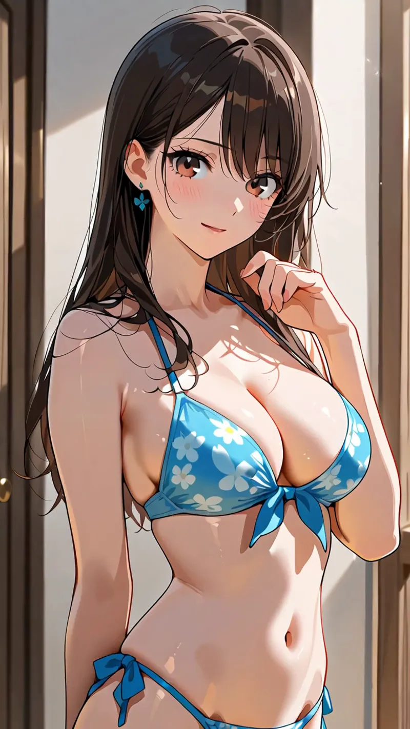 黒髪ロングの優しい表情の美少女が、青い花柄のビキニを身につけ、光射す室内で微笑んでいるアニメ調イラストです。柔らかな陰影と暖色系の照明が落ち着いた雰囲気を演出しています。