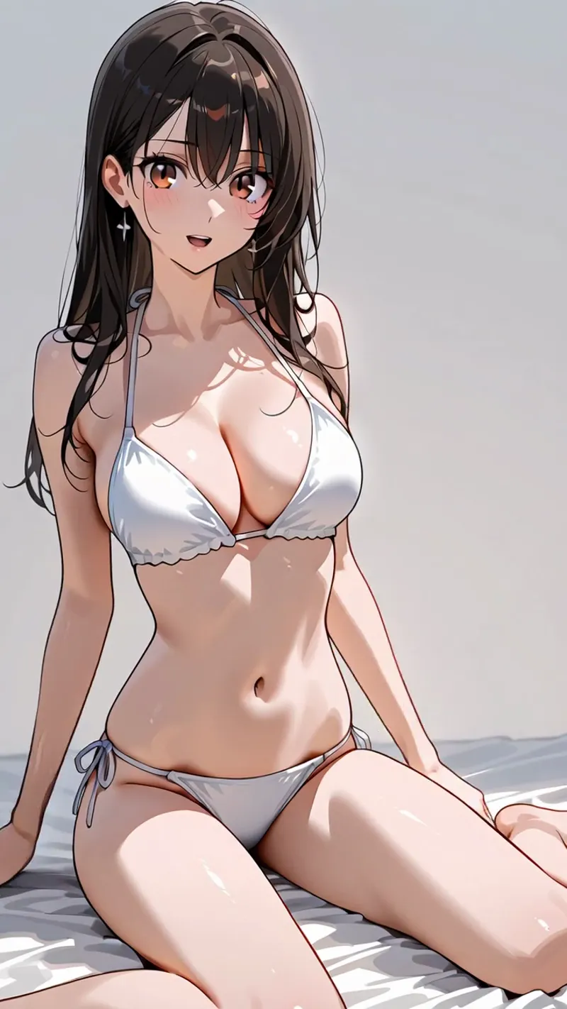 黒髪のロングヘアと琥珀色の瞳が印象的な美少女が、白いビキニ姿で海辺に座るアニメ調イラスト。温かみのある肌色と光の表現が特徴です。
