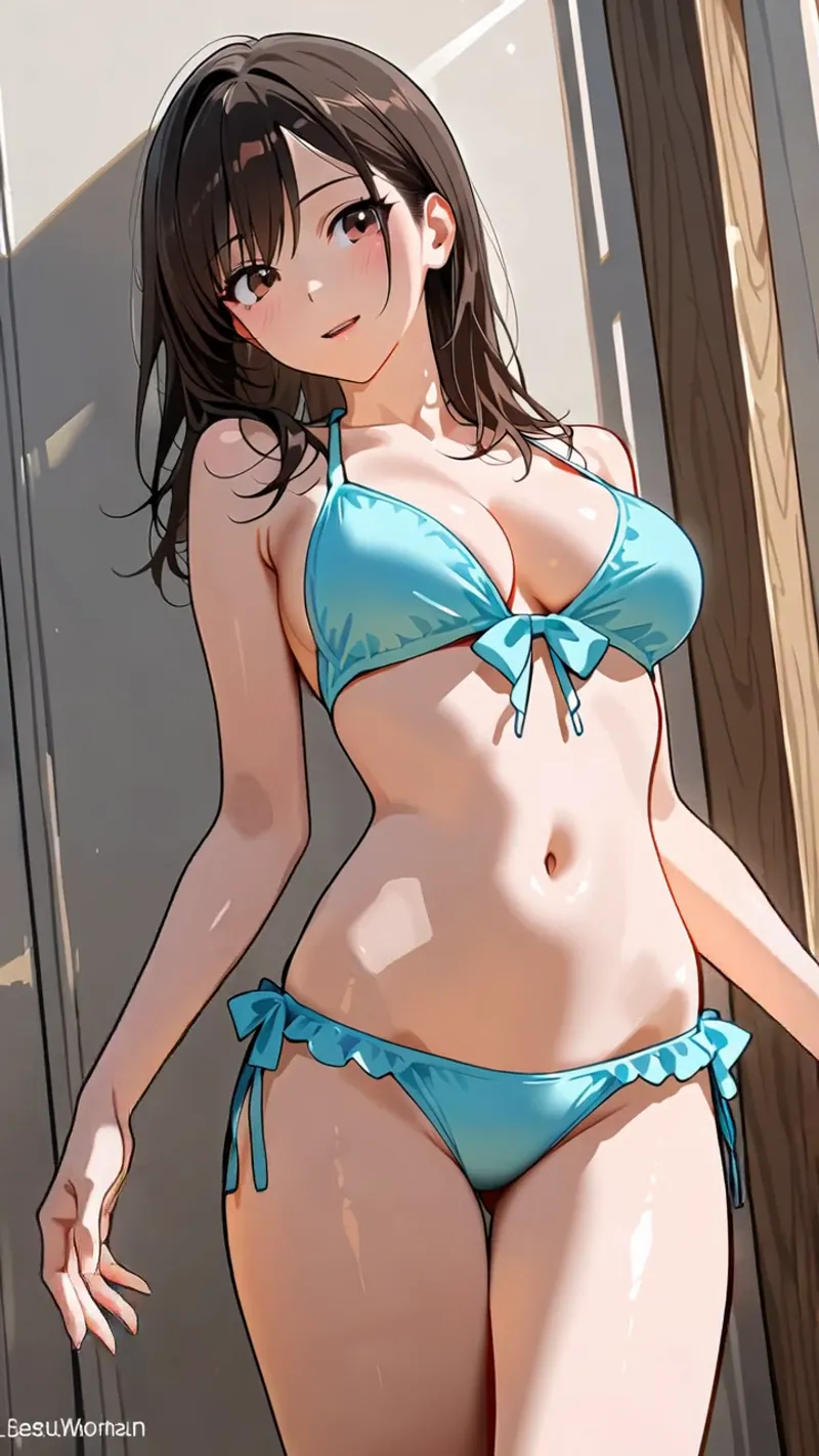 光の差し込む室内で、黒髪のアニメ調美少女が青いビキニ姿で振り返る表情を見せるイラストです。柔らかな陰影と室内の光が肌を照らす、洗練されたデジタルアート作品です。