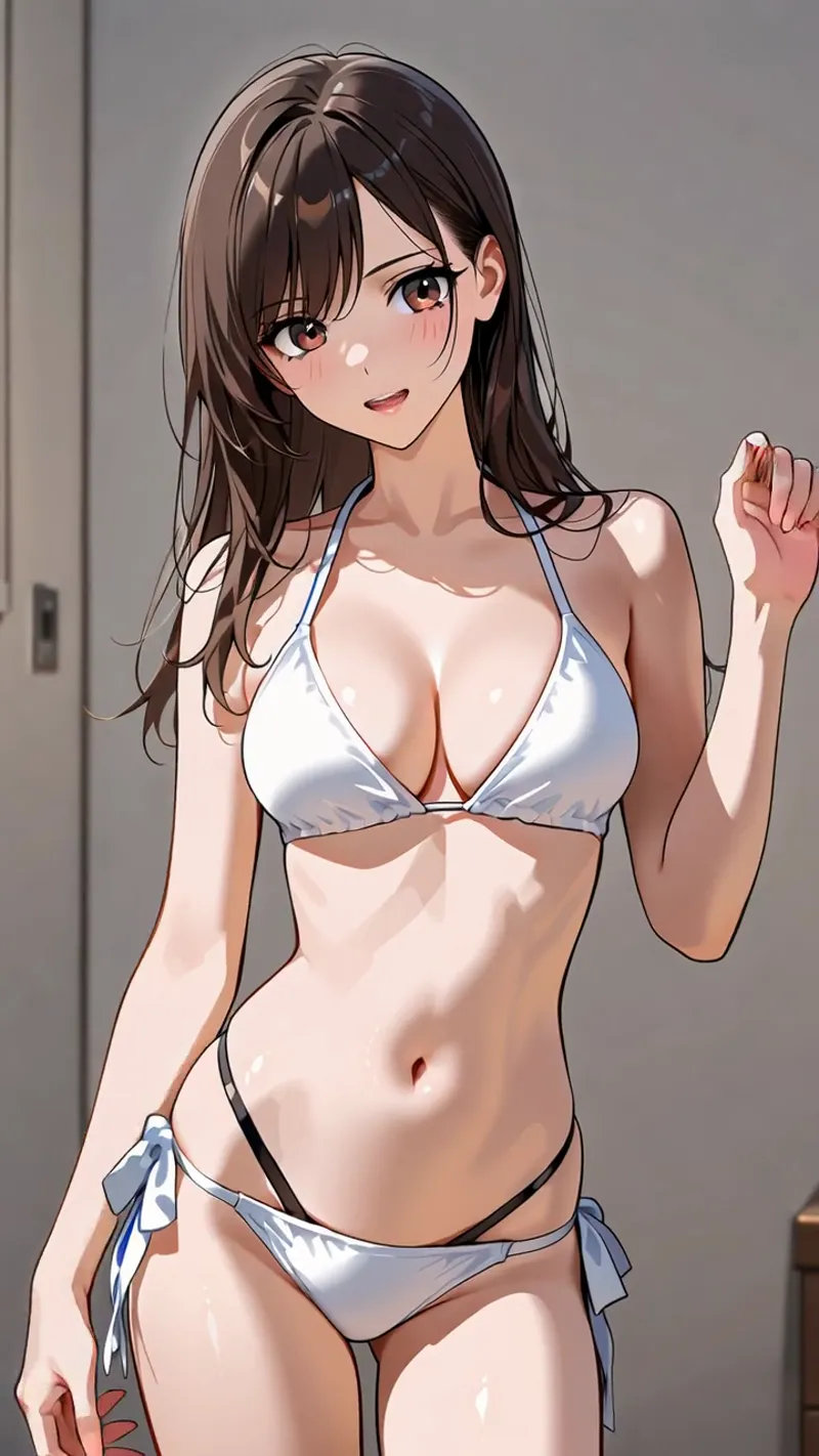 黒髪のセミロングヘアに大きな瞳が印象的な美少女のイラストです。白いビキニ姿で明るい室内背景を背にしており、柔らかい光と陰影で立体的に描かれています。