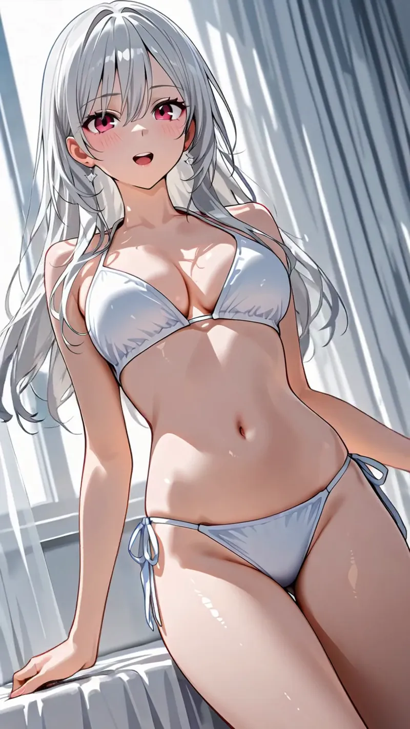 銀色の長い髪と深紅の瞳が特徴の美少女イラストです。白いビキニスタイルで、陽光が差し込む室内で上機嫌な表情を浮かべています。柔らかい影の表現が立体感を引き出すアニメ調のポートレート作品です。