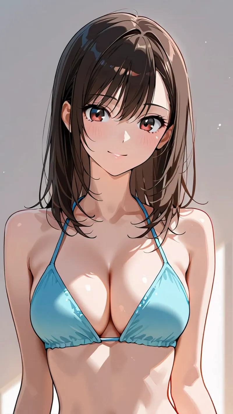 柔らかな表情と深紅の瞳が印象的な、アニメ調の美少女イラスト。黒髪のセミロングヘアが柔らかく流れ、淡い背景の中で穏やかな笑顔を浮かべています。