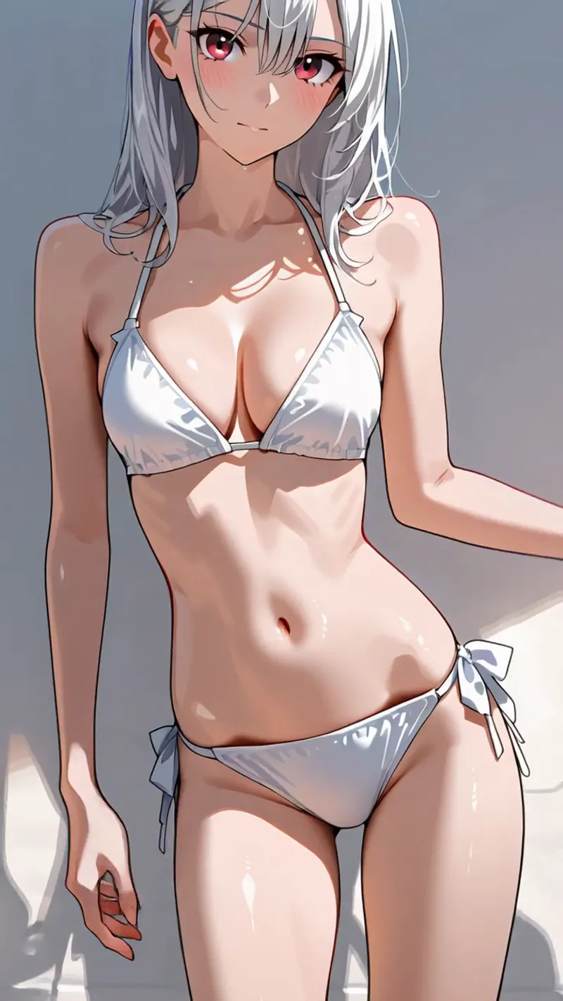 銀髪が優雅に揺れる美少女のアニメ調ポートレート。赤紫の瞳が印象的で、柔らかな光の陰影が肌の質感を引き出しています。グレーの背景を背にした洗練された一枚です。