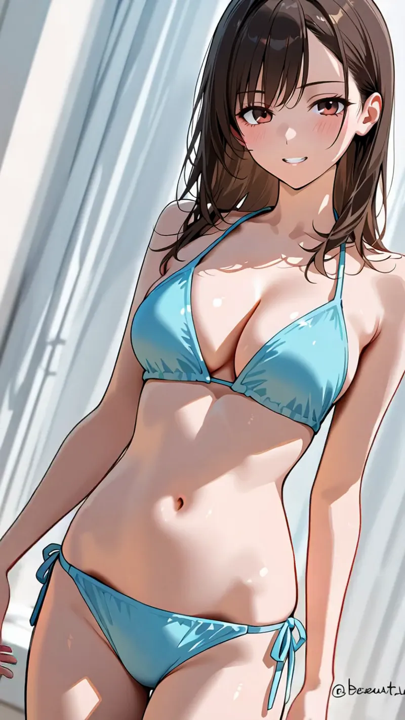 茶髪セミロングで柔らかな笑顔の少女が、鮮やかな青いビキニを身につけた爽やかなイラストです。白い背景に優しい光が差し込む、明るい雰囲気の一枚。