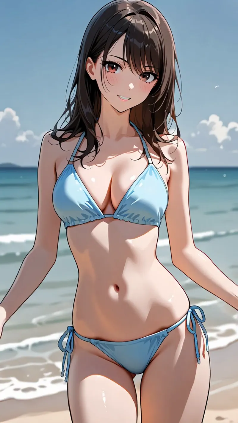 爽やかな青空と海を背景に、黒髪の美少女が穏やかな笑顔を浮かべるビーチシーンです。光溢れる昼間の浜辺で、自然な表情と優雅な佇まいが印象的なアニメ調イラスト。