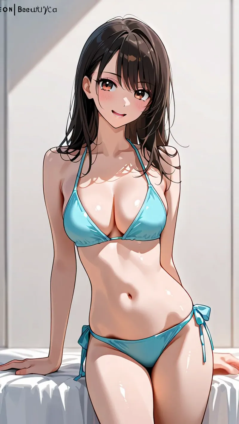黒髪のセミロングヘアと柔らかな表情が印象的な美少女イラストです。爽やかな青色のビキニを身につけた姿が、明るく清潔感のある背景の中で描かれています。
