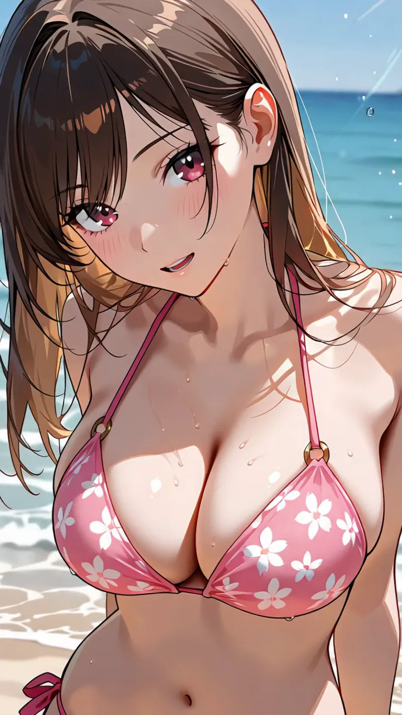 青い海を背景にした夏のビーチシーンで、長めの茶髪と柔らかい瞳が特徴的な美少女のアニメ調ポートレートです。清涼感あふれる色彩とライティングが魅力の一枚。