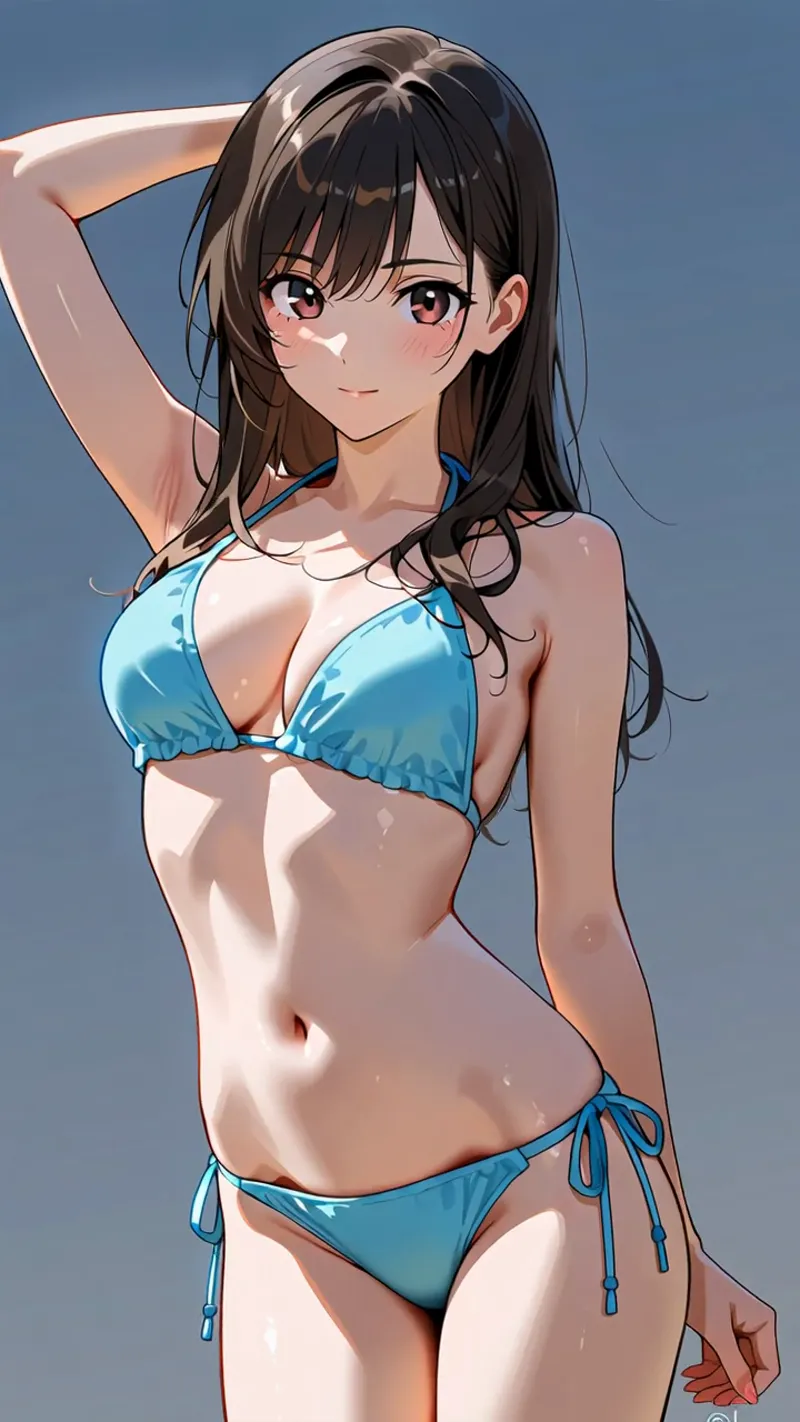 黒髪を優雅に上げた美少女が、青いビキニ姿で爽やかな微笑みを浮かべています。澄んだ瞳と柔らかな陰影で描かれた、アニメ調のポートレートイラストです。