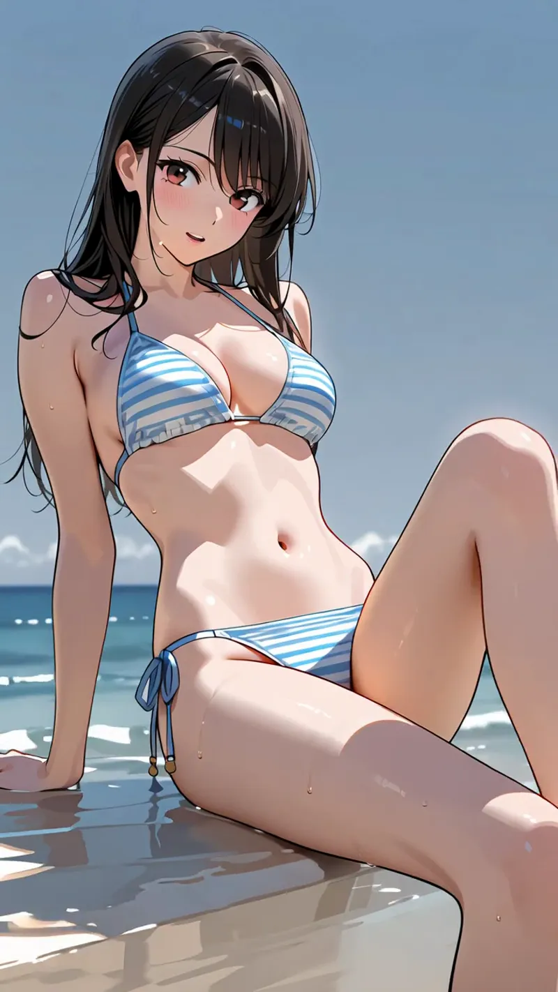 澄んだ青空と海を背景に、青白い縞模様のビキニを身につけた黒髪の少女がビーチで佇んでいます。柔らかな日差しと波音に包まれた夏らしい爽やかなアニメ調イラストです。