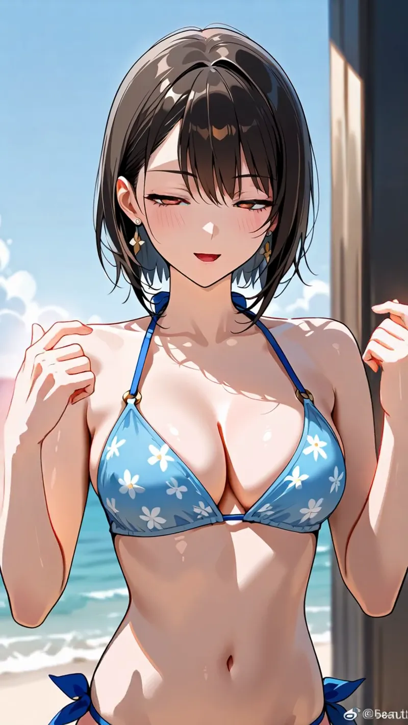 爽やかな青空と海を背景に、黒髪ショートボブの美少女がポーズを決めています。白い花柄が映える青いビキニを身につけ、穏やかな表情で海辺のリゾート風景を引き立てるアニメ調イラストです。
