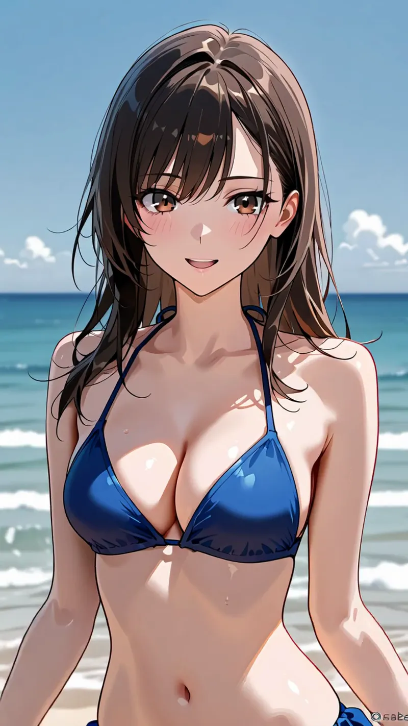 青い海と白い砂浜を背景に、黒髪の美少女がにこやかに微笑む夏のビーチシーン。清涼感あふれる背景と爽やかな表情が、季節感あるアニメ調イラストです。