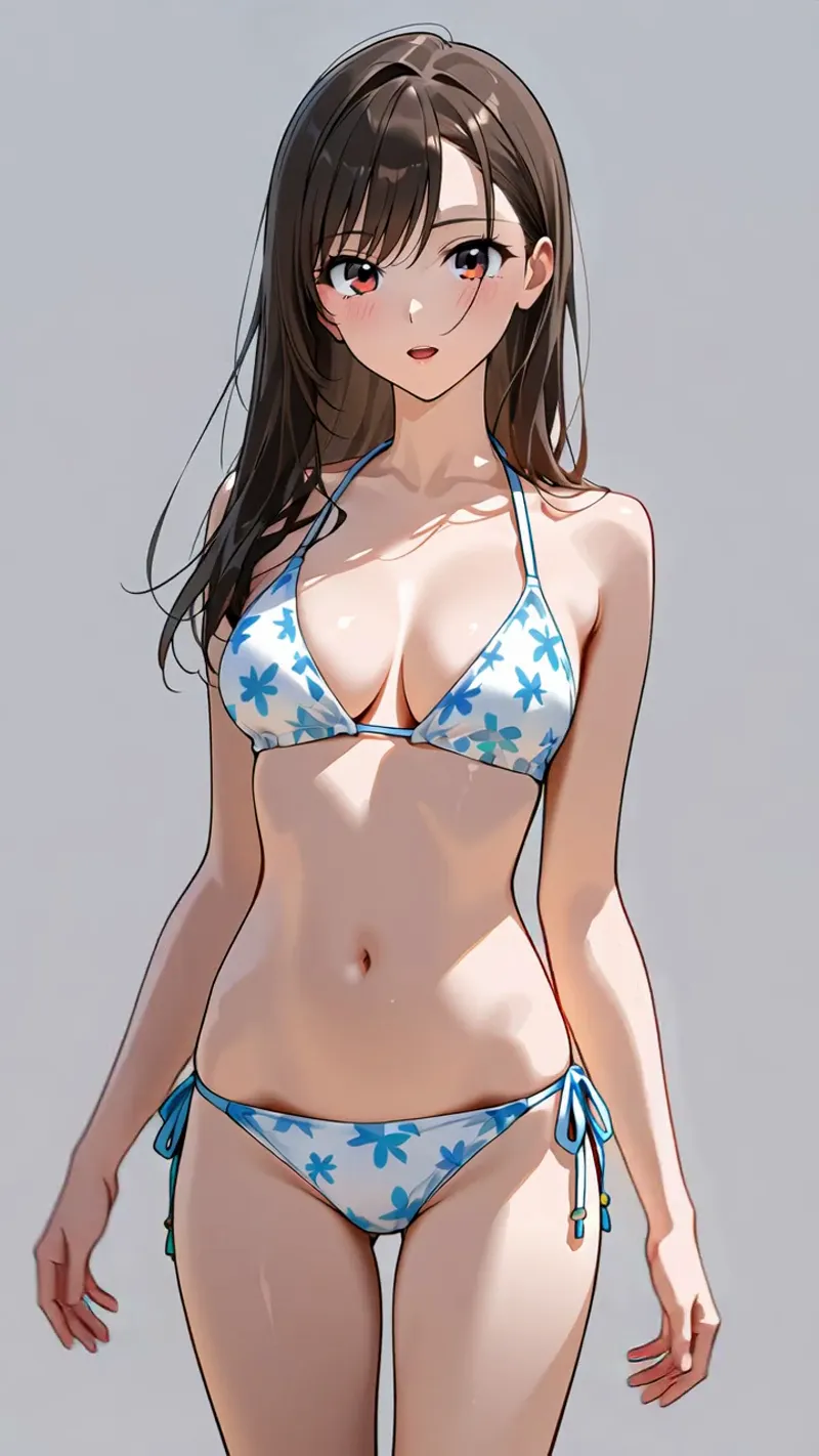 黒髪のセミロングにオッドアイの瞳が印象的な美少女が、爽やかな花柄ビキニを身に纏うアニメ調イラストです。柔らかい光の表現と優雅な立ち姿が特徴的なポートレート作品。