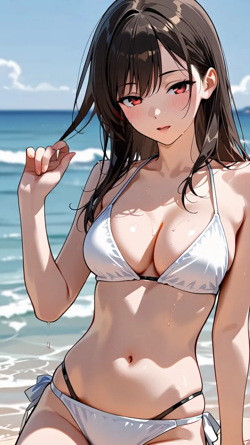 青い海を背景に、黒髪の美少女がビーチで佇む夏らしいアニメ調イラストです。白いビキニ姿で髪をかき上げる自然な仕草と、赤く輝く瞳が印象的な表情を見せています。