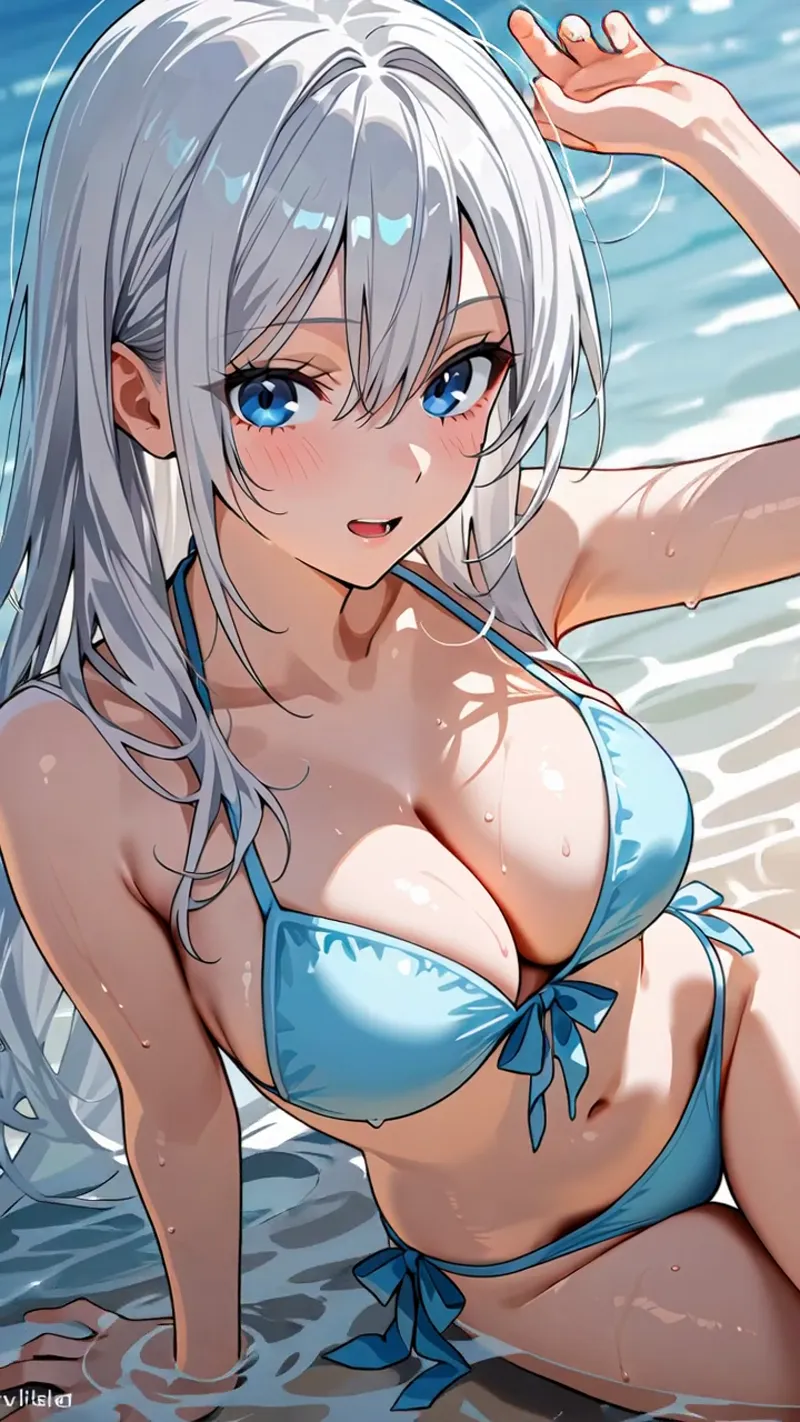 青い波を背景に、銀髪と瑞々しい青い瞳が印象的な美少女イラスト。水色のビキニを身に纏い、濡れた肌の質感と爽やかな表情が夏の海の雰囲気を引き出しています。