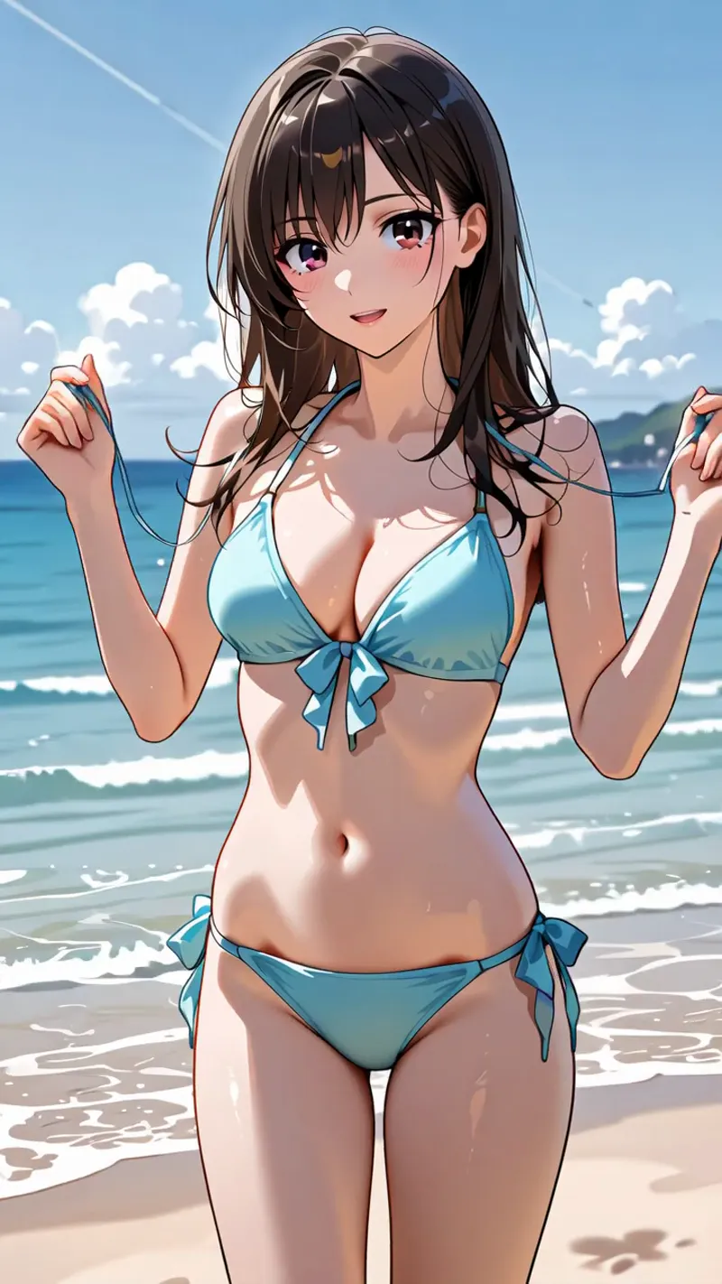青く透き通った海と白い砂浜を背景に、長めの黒髪がまとまった柔らかい表情の少女がポートレート風に描かれています。明るい日中の逆光で肌に優しい陰影がつき、さわやかな夏の雰囲気が漂うアニメイラスト作品です。