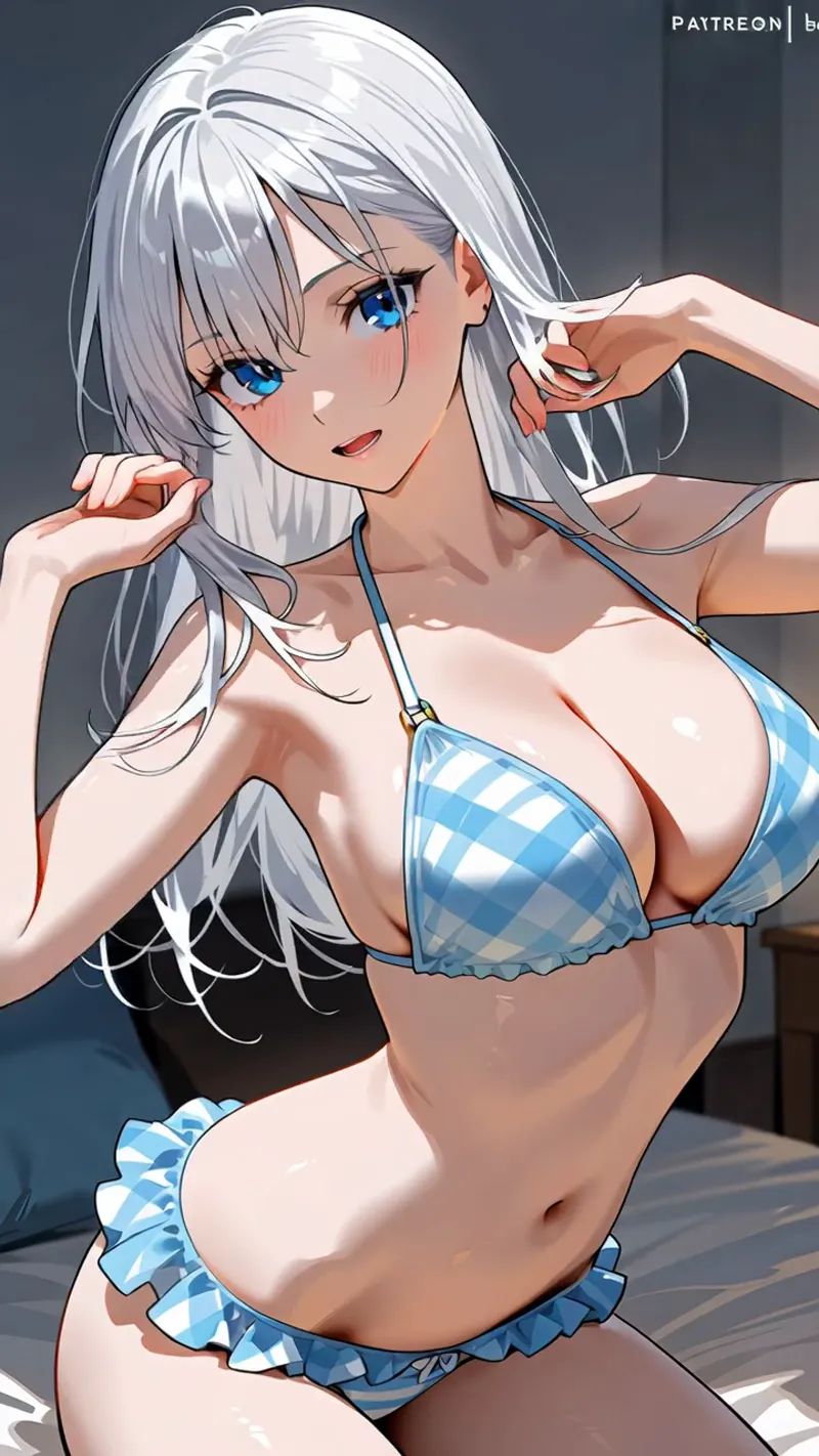 青い瞳が印象的な白髪の美少女がギンガムチェック柄のビキニを身に着けける姿を描いたアニメ調イラスト。都会的な背景で自信に満ちた表情とポージングが魅力です。