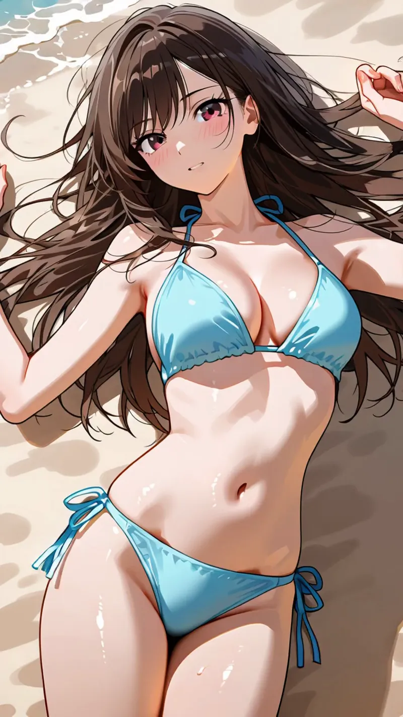 空色のビキニを身に纏い、浜辺で寛ぐ長髪の美少女イラスト。柔らかな表情と流れるような髪の毛、明るい砂浜の背景が調和した夏の情景です。