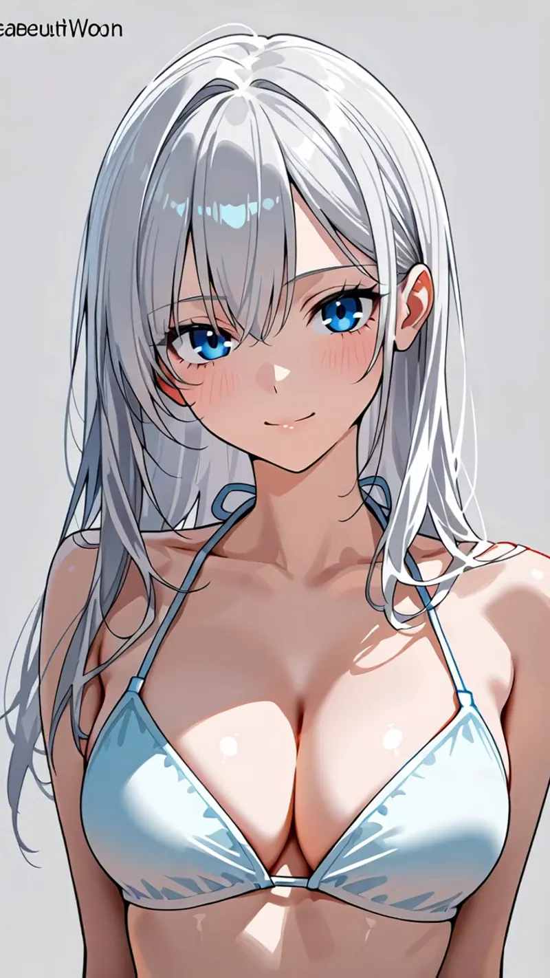 涼しげな青い瞳と銀色の長髪が印象的な美少女のアニメ調イラストです。柔らかな光のあたる肌色と優しい微笑みが特徴的で、アニメ的な描線が丁寧に表現されています。