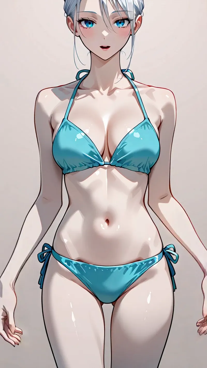 透明感のある白い肌に青いビキニを合わせた美少女の上半身ポートレート。鮮やかな瑠璃色の瞳と銀灰色のロングヘアが特徴で、柔らかな光と影で立体的に描かれたアニメ調イラストです。