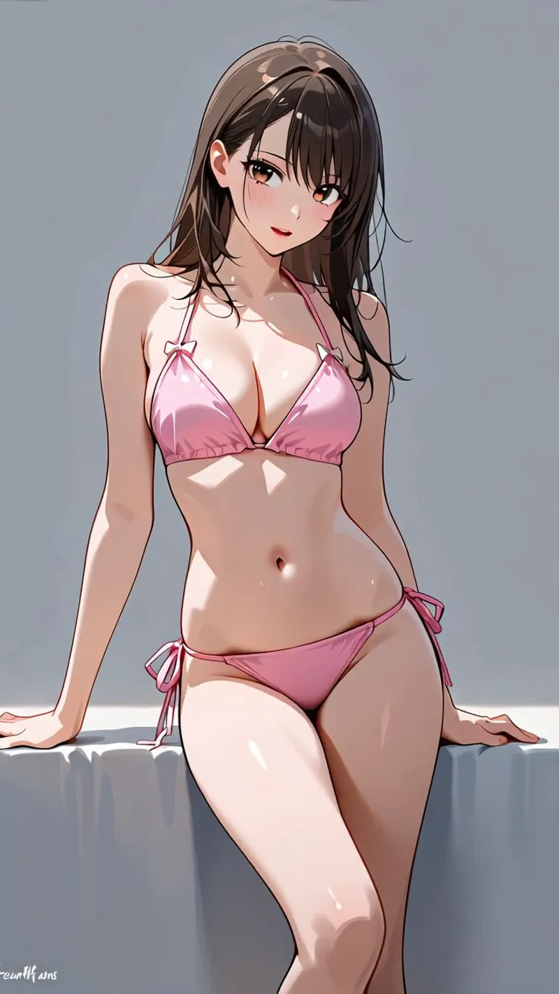 黒髪に赤い瞳を持つ美少女を、グレーの背景で描いたデジタルイラストです。ピンク色の水着姿で、優雅な座り姿を見せています。アニメ調の柔らかな塗りと、光と影の表現が特徴的な作品です。