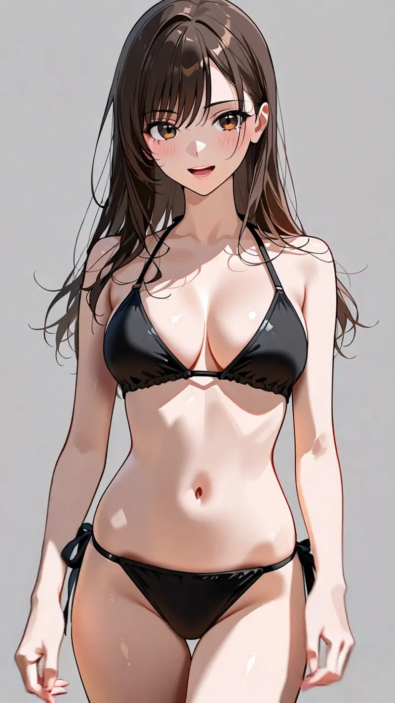茶色のロングヘアに前髪がかかった優しい表情の美少女が、灰色の背景に佇んでいます。黒いビキニを着用した立ち姿のポートレートで、アニメ調の柔らかいタッチで描かれています。