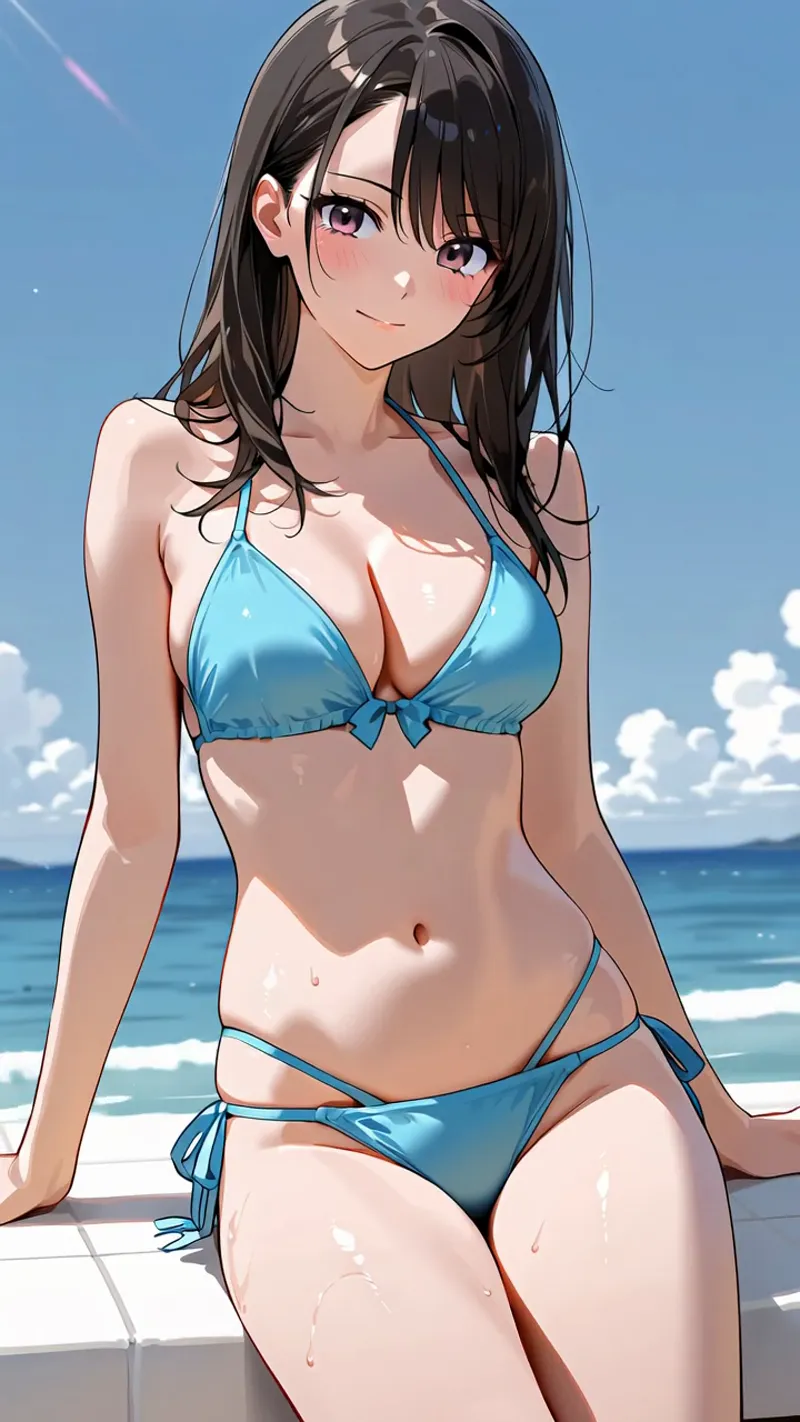 明るい海辺を背景に、黒髪ロングヘアの少女が爽やかな笑顔を浮かべています。鮮やかな青いビキニを身に纏い、輝く白い肌と柔らかな陰影が丁寧に描写されたアニメ調イラストです。