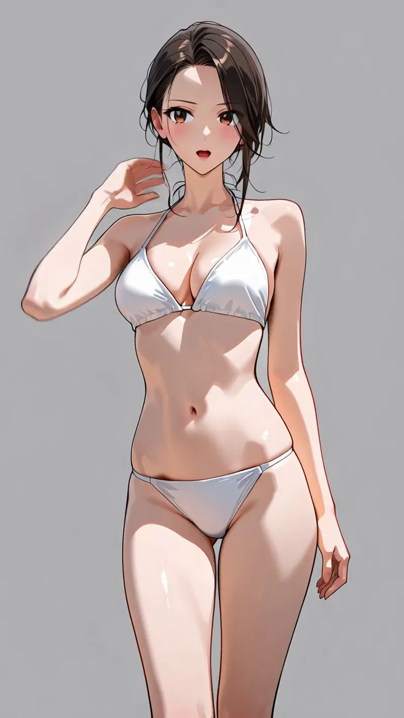 黒髪をまとめた美少女が白のビキニ姿でポーズをとるアニメ調イラストです。柔らかい光の当たり方と優雅な表情が印象的な作品。